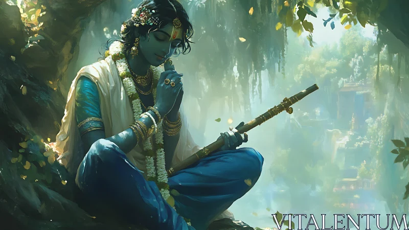Krishna in luminous forest glade, meditating with flute.