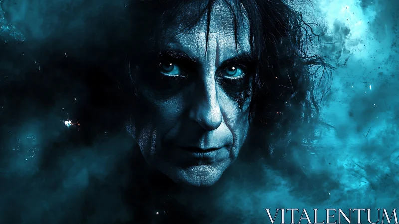 Monochrome blue portrait of male face in smoky environment.