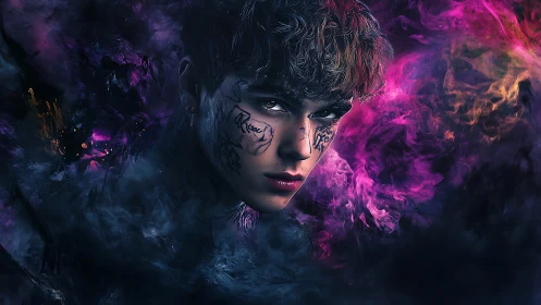 Enigmatic youth emerges from swirling neon smoke and shadow.