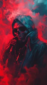 Hooded skeletal figure emerges through neon red cinematic smoke
