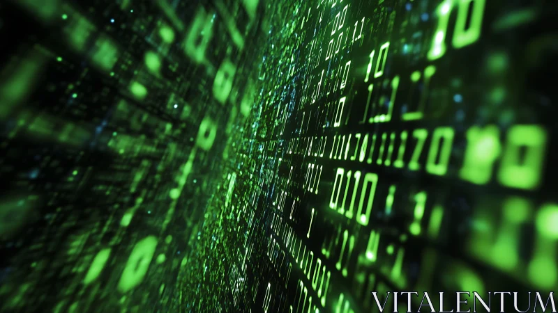 Neon binary code stream forms immersive digital tunnel.