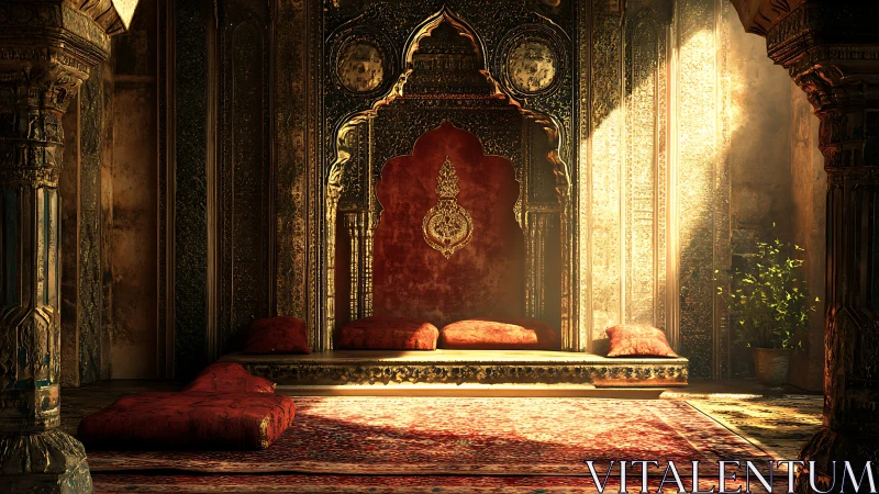 Golden-lit ornate lounge alcove with crimson cushions.