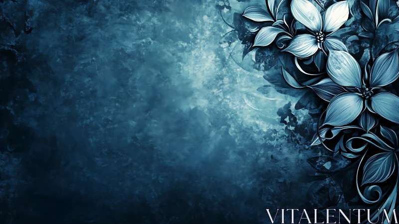 Blue floral digital painting with ornate corner blooms.