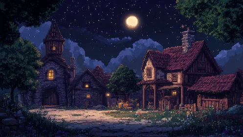 Moonlit pixel village courtyard with rustic stone cottages.