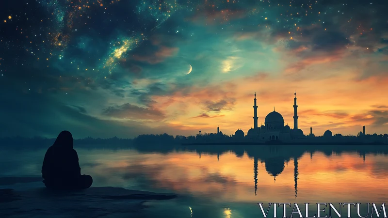 Silhouetted figure facing mosque skyline under star field.
