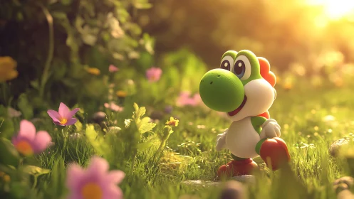 Yoshi character stands in sunlit meadow among flowers