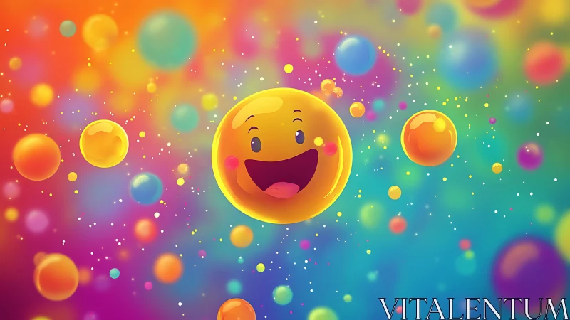 Joyful smiling bubble drifts through a bright rainbow sky