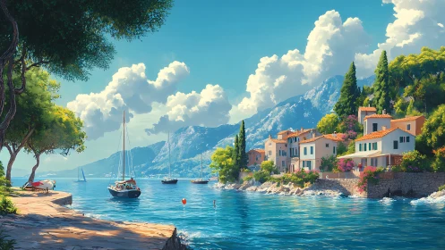 Mediterranean Coastal Settlement with Alpine Backdrop: Digital Rendering