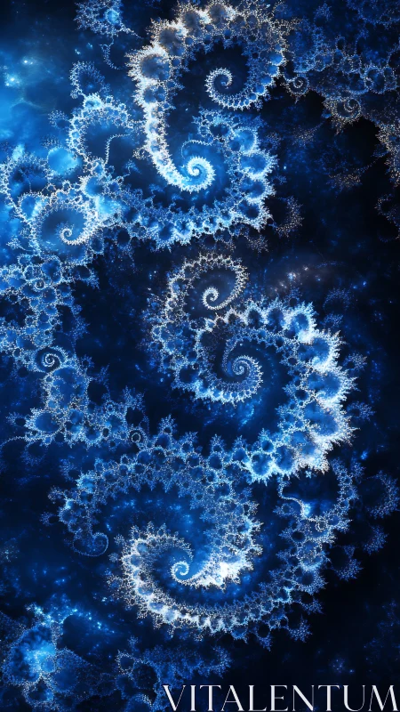 Shimmering blue fractal spirals unfold like cosmic tides