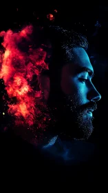Neon-lit male profile contrasts with eruptive red particle cloud