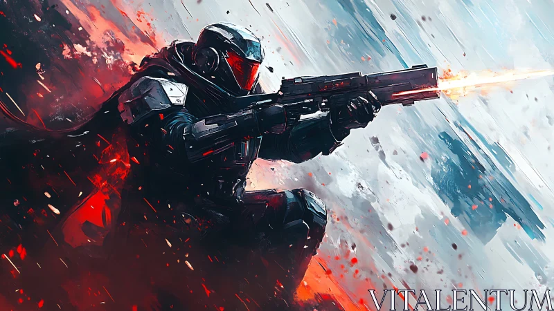 Armored sci fi marksman fires plasma rifle amid dynamic debris field