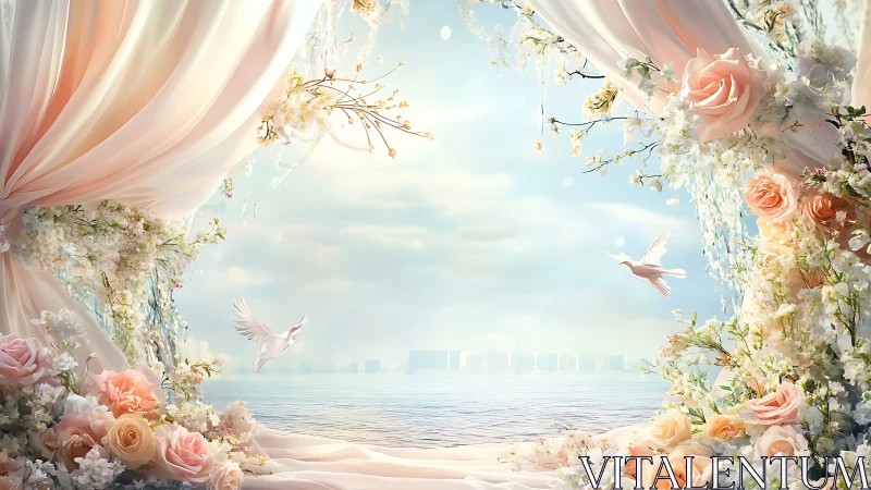 Petal-draped seaside archway where doves greet the dawn.