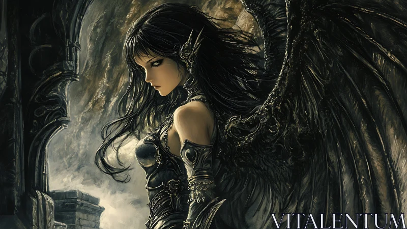 Dark-winged warrior angel pausing in a quiet, moody ruin.