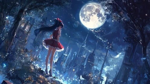 Moonlit city dreams with a hopeful girl in red.