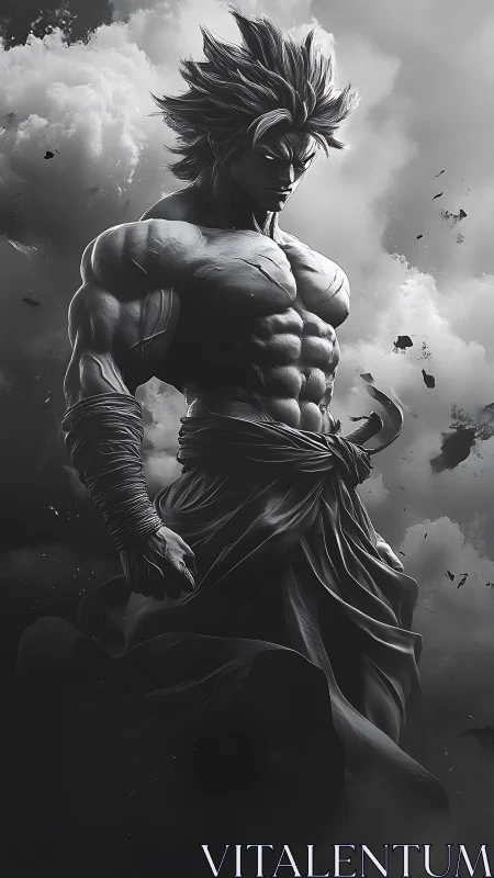 Monochrome warrior towers through storm-torn clouds.