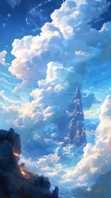 Celestial cloud spires rising above luminous sky valley.