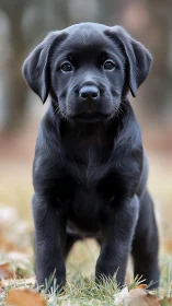 Black Labrador puppy portrait in soft autumn light.