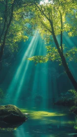 Volumetric sunbeams penetrate dense forest canopy over lagoon