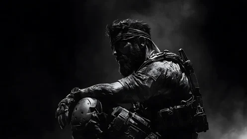 Battle-worn tactical soldier resting in stark monochrome.