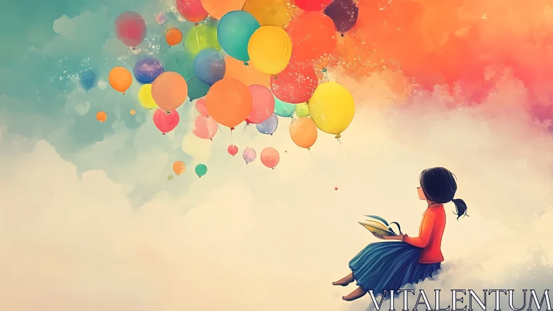 Dreamy girl reading beneath a sky of rainbow balloons.