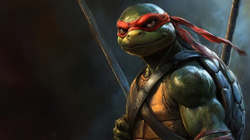 Heroic turtle warrior with red mask and twin staff weapons.