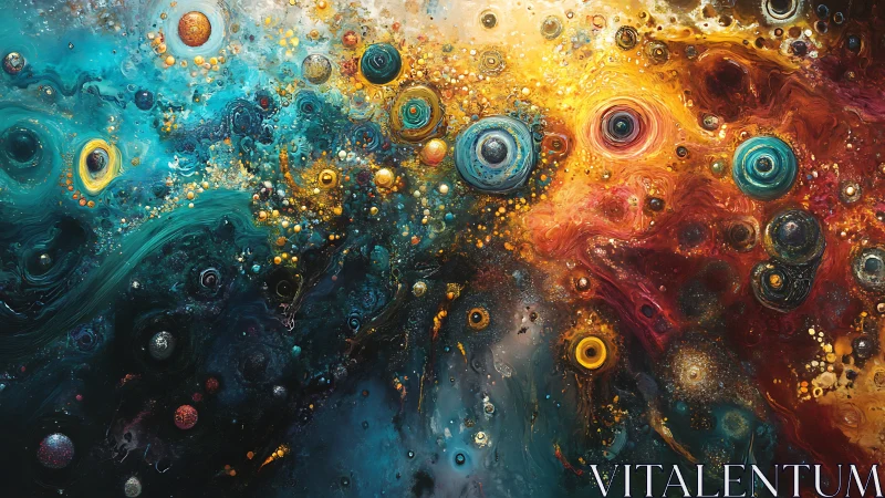 Cosmic nebula orbs swirl through teal and molten gold space.