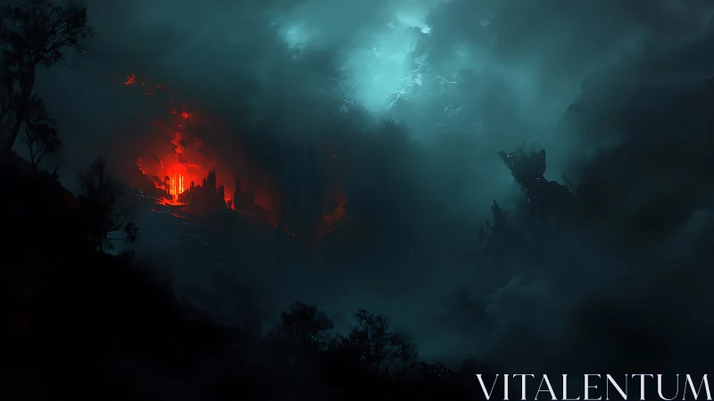 Burning Castle in Dark Stormy Landscape.