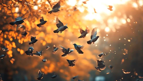 Autumn flock of birds crossing glowing golden forest light.
