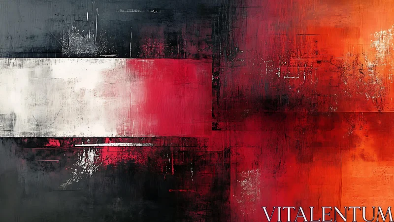 Bold Abstract Painting in Red, Black, and White with Textured Layers.