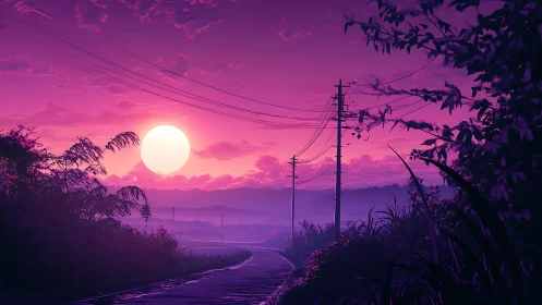 Sunset illuminates winding rural road with power lines