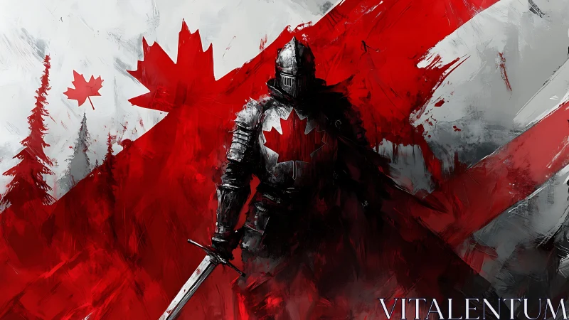 Digital painting of armored knight framed by abstract Canada flag.