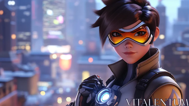 Anime hero portrait with luminous cityscape bokeh backdrop.