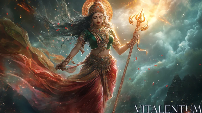 Radiant goddess of storms walking through swirling light.