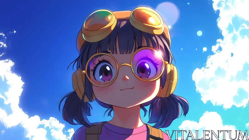 Anime girl with goggles under bright summer sky.