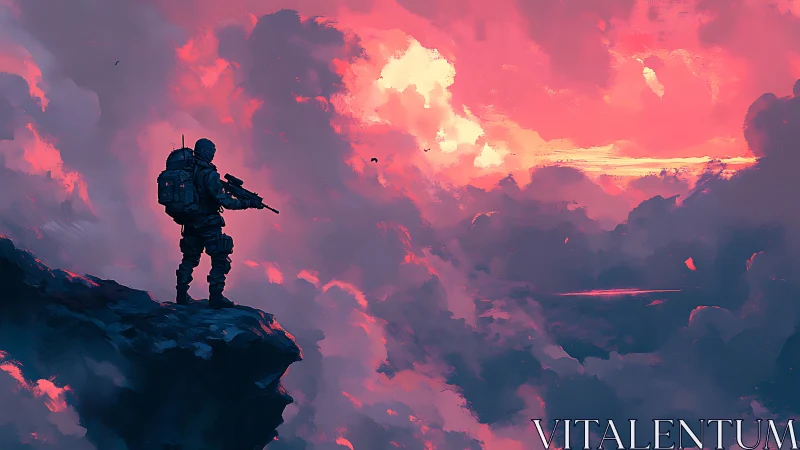 Solitary tactical operator surveys sunset cloud battlefield