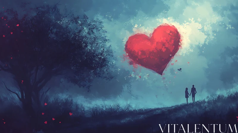 Luminescent cardiac silhouette suspended above silhouetted figures landscape.