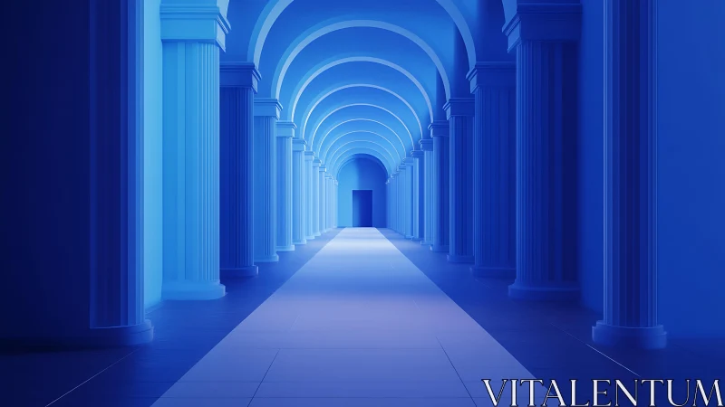 Endless blue colonnade fades into a distant glowing doorway.