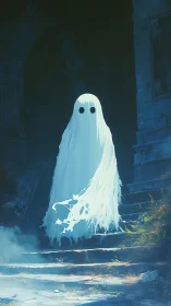 Spectral sheet entity on decayed stone staircase at night.