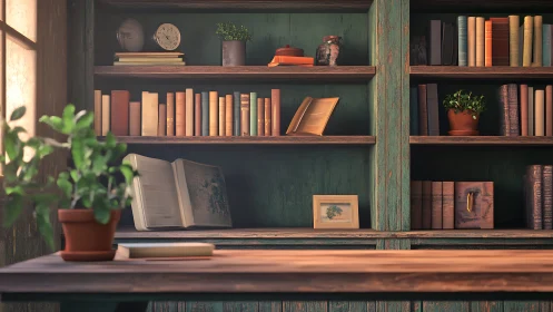 Sunlit rustic bookshelf with plants and open sketchbook.