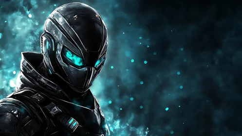 Armored sci fi soldier with glowing cyan visor stands ready