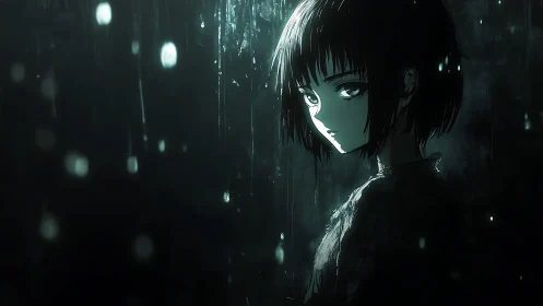 Softly lit anime girl standing in the rain at night.