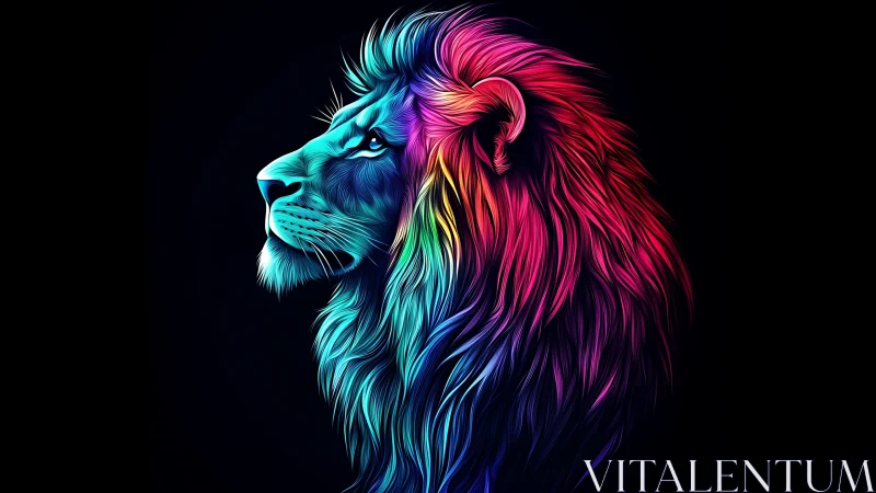 Side profile of multicolored lion illustration on black background.