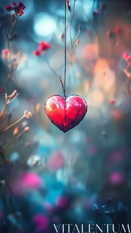 Crimson Heart Suspended Among Ethereal Botanical Forms and Luminescent Depth.