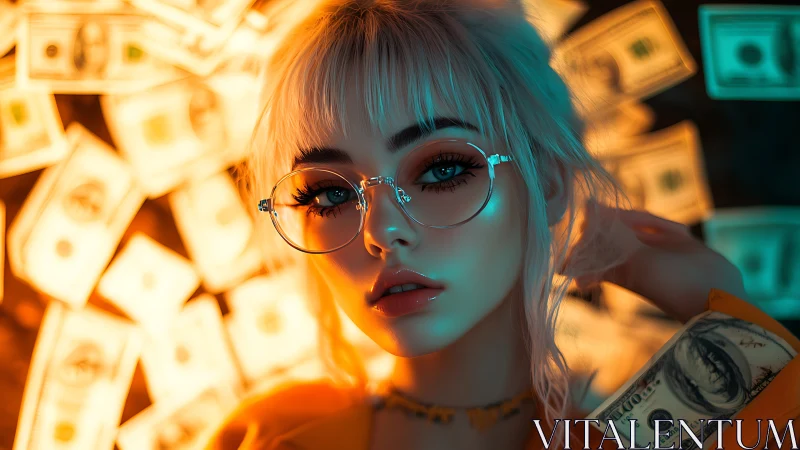 Neon-lit blonde model framed by floating currency notes.
