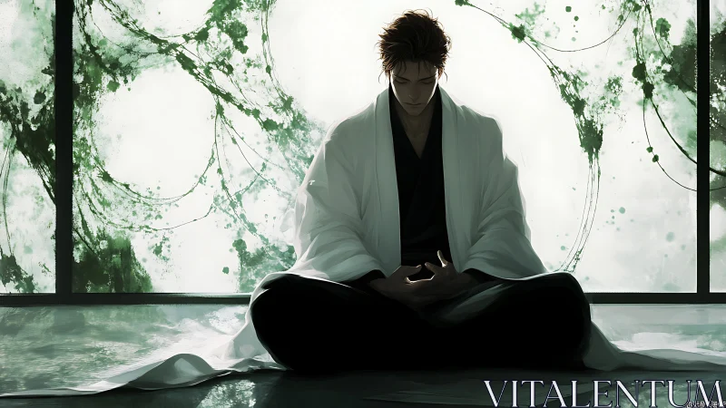 Silent strategist brews moonlit schemes in ink-brushed calm