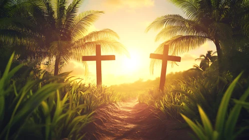 Sunlit tropical path with two wooden crosses at center.