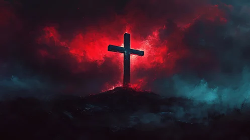Cross silhouette against red and blue storm cloud backdrop.