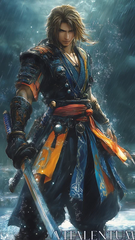 Samurai warrior in stormlit rain with saturated silk accents.