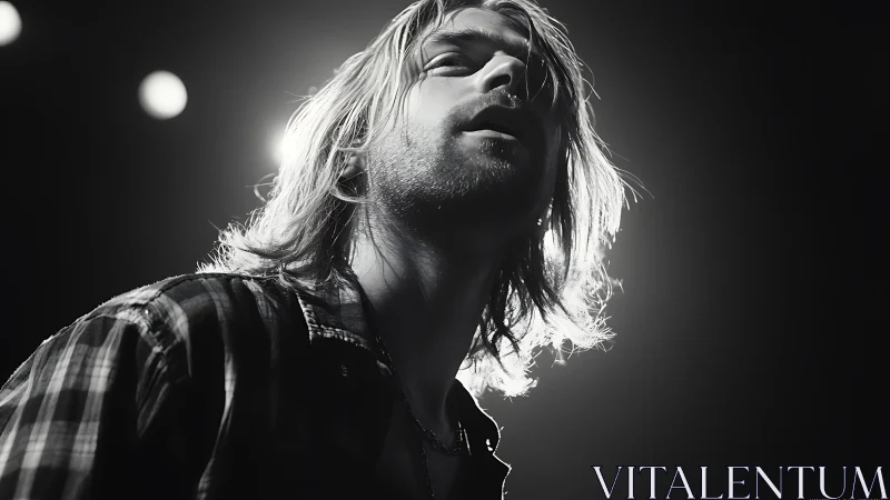 Male musician in stage lighting, close-up monochrome view.