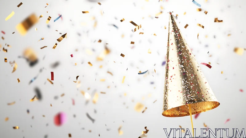Gold party hat with floating metallic confetti celebration